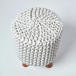 Natural Tall Cotton Knitted Footstool On Legs -Best Homeware Store sf1585 03