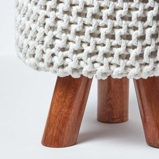 Natural Tall Cotton Knitted Footstool On Legs -Best Homeware Store sf1585 04