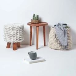 Natural Tall Cotton Knitted Footstool On Legs -Best Homeware Store sf1585 06