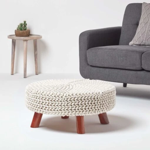 Natural Large Round Cotton Knitted Footstool On Legs -Best Homeware Store sf1586 02