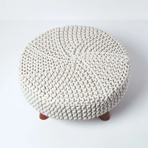 Natural Large Round Cotton Knitted Footstool On Legs -Best Homeware Store sf1586 03