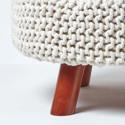 Natural Large Round Cotton Knitted Footstool On Legs -Best Homeware Store sf1586 04