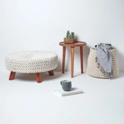 Natural Large Round Cotton Knitted Footstool On Legs -Best Homeware Store sf1586 06