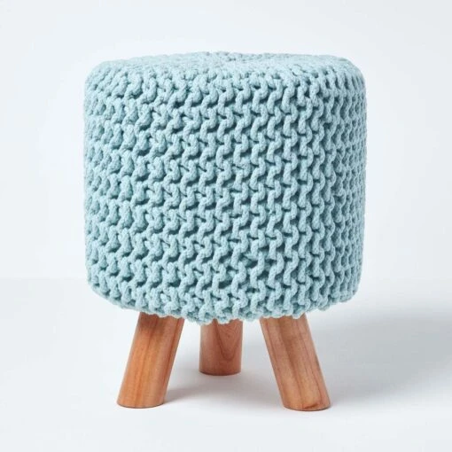 Pastel Blue Tall Cotton Knitted Footstool On Legs -Best Homeware Store sf1587 01