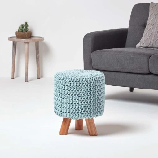 Pastel Blue Tall Cotton Knitted Footstool On Legs -Best Homeware Store sf1587 02