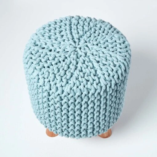 Pastel Blue Tall Cotton Knitted Footstool On Legs -Best Homeware Store sf1587 03