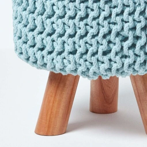 Pastel Blue Tall Cotton Knitted Footstool On Legs -Best Homeware Store sf1587 04