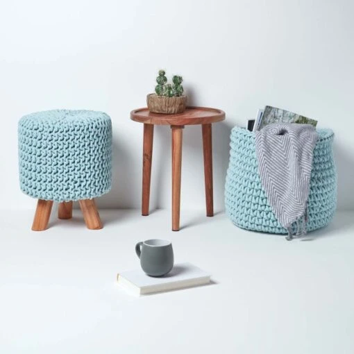 Pastel Blue Tall Cotton Knitted Footstool On Legs -Best Homeware Store sf1587 06