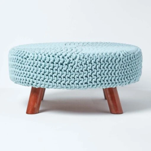 Pastel Blue Large Round Cotton Knitted Footstool On Legs -Best Homeware Store sf1588 01