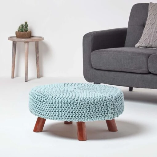 Pastel Blue Large Round Cotton Knitted Footstool On Legs -Best Homeware Store sf1588 02