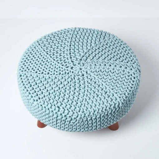 Pastel Blue Large Round Cotton Knitted Footstool On Legs -Best Homeware Store sf1588 03