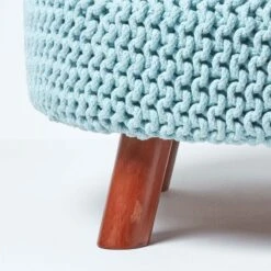 Pastel Blue Large Round Cotton Knitted Footstool On Legs -Best Homeware Store sf1588 04