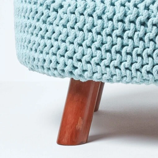 Pastel Blue Large Round Cotton Knitted Footstool On Legs -Best Homeware Store sf1588 04