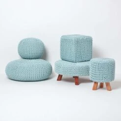 Pastel Blue Large Round Cotton Knitted Footstool On Legs -Best Homeware Store sf1588 05