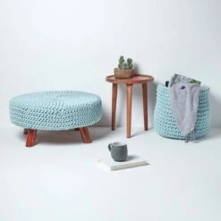 Pastel Blue Large Round Cotton Knitted Footstool On Legs -Best Homeware Store sf1588 06