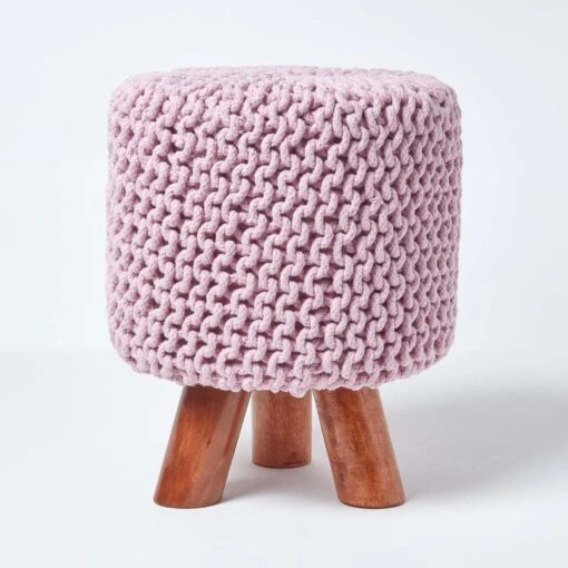 Pastel Pink Tall Cotton Knitted Footstool On Legs -Best Homeware Store sf1589 01