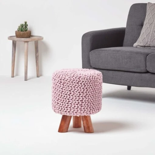 Pastel Pink Tall Cotton Knitted Footstool On Legs -Best Homeware Store sf1589 02