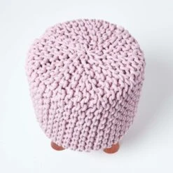 Pastel Pink Tall Cotton Knitted Footstool On Legs -Best Homeware Store sf1589 03