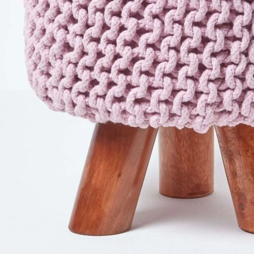 Pastel Pink Tall Cotton Knitted Footstool On Legs -Best Homeware Store sf1589 04