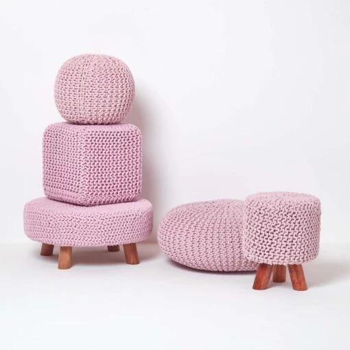 Pastel Pink Tall Cotton Knitted Footstool On Legs -Best Homeware Store sf1589 05