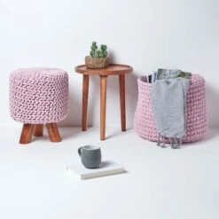 Pastel Pink Tall Cotton Knitted Footstool On Legs -Best Homeware Store sf1589 06