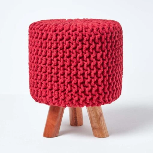 Red Tall Cotton Knitted Footstool On Legs -Best Homeware Store sf1591 01