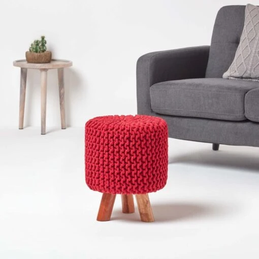 Red Tall Cotton Knitted Footstool On Legs -Best Homeware Store sf1591 02