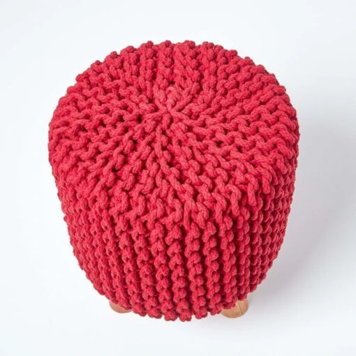 Red Tall Cotton Knitted Footstool On Legs -Best Homeware Store sf1591 03