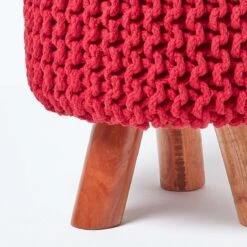 Red Tall Cotton Knitted Footstool On Legs -Best Homeware Store sf1591 04