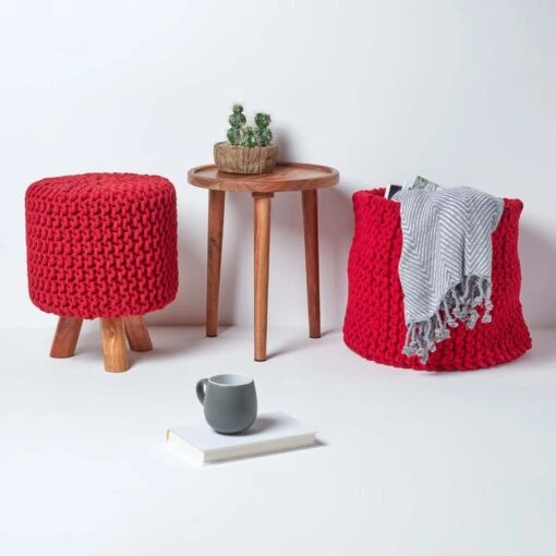 Red Tall Cotton Knitted Footstool On Legs -Best Homeware Store sf1591 06