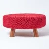 Red Round Cotton Knitted Footstool On Legs -Best Homeware Store sf1592 01