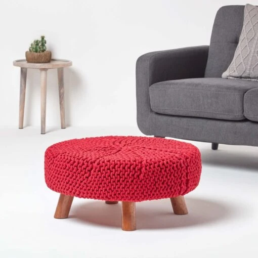 Red Round Cotton Knitted Footstool On Legs -Best Homeware Store sf1592 02