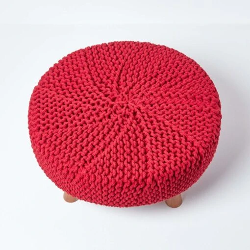 Red Round Cotton Knitted Footstool On Legs -Best Homeware Store sf1592 03