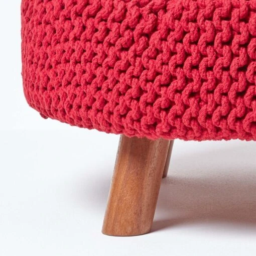 Red Round Cotton Knitted Footstool On Legs -Best Homeware Store sf1592 04