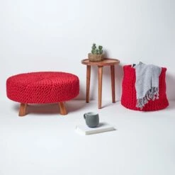 Red Round Cotton Knitted Footstool On Legs -Best Homeware Store sf1592 06