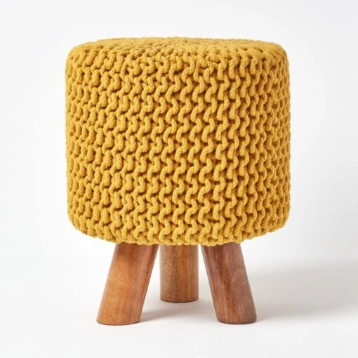 Mustard Tall Cotton Knitted Footstool On Legs -Best Homeware Store sf1593 01 1