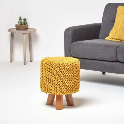 Mustard Tall Cotton Knitted Footstool On Legs -Best Homeware Store sf1593 02 1