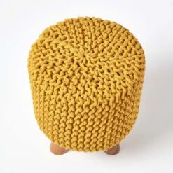 Mustard Tall Cotton Knitted Footstool On Legs -Best Homeware Store sf1593 03 1