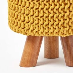 Mustard Tall Cotton Knitted Footstool On Legs -Best Homeware Store sf1593 04 1