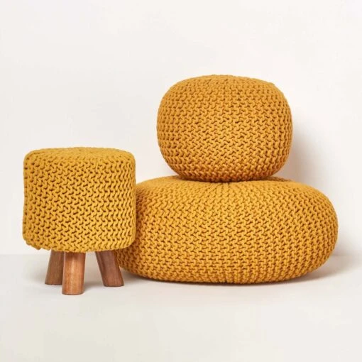 Mustard Tall Cotton Knitted Footstool On Legs -Best Homeware Store sf1593 05 1