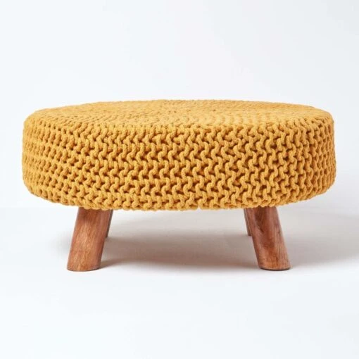 Mustard Large Round Cotton Knitted Footstool On Legs -Best Homeware Store sf1594 01