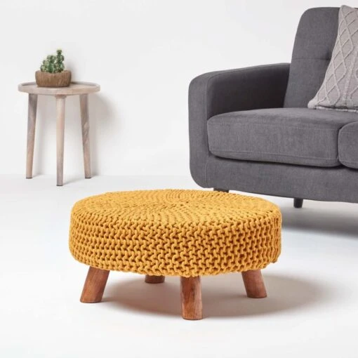 Mustard Large Round Cotton Knitted Footstool On Legs -Best Homeware Store sf1594 02