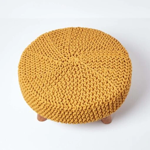 Mustard Large Round Cotton Knitted Footstool On Legs -Best Homeware Store sf1594 03