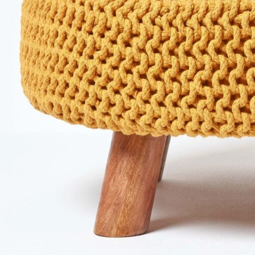 Mustard Large Round Cotton Knitted Footstool On Legs -Best Homeware Store sf1594 04