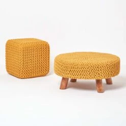 Mustard Large Round Cotton Knitted Footstool On Legs -Best Homeware Store sf1594 05