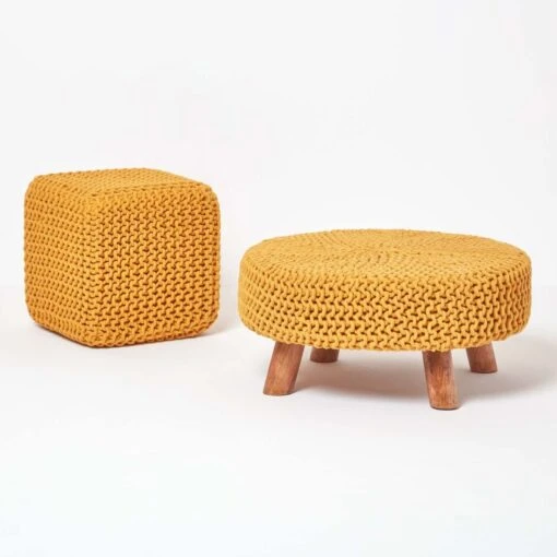 Mustard Large Round Cotton Knitted Footstool On Legs -Best Homeware Store sf1594 05