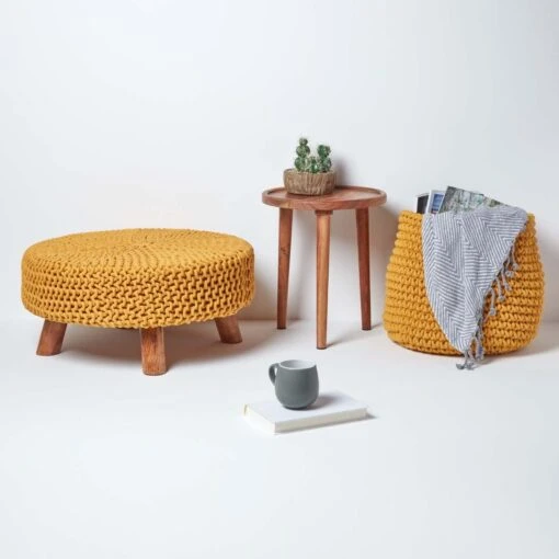 Mustard Large Round Cotton Knitted Footstool On Legs -Best Homeware Store sf1594 06