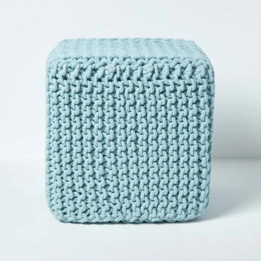 Duck Egg Blue Cube Cotton Knitted Pouffe Footstool -Best Homeware Store sf1609 01