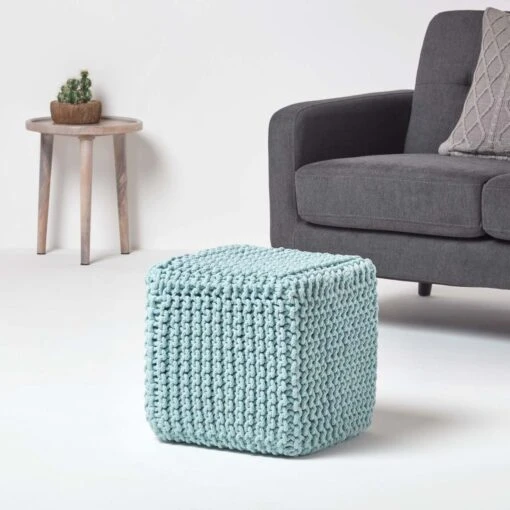 Duck Egg Blue Cube Cotton Knitted Pouffe Footstool -Best Homeware Store sf1609 02