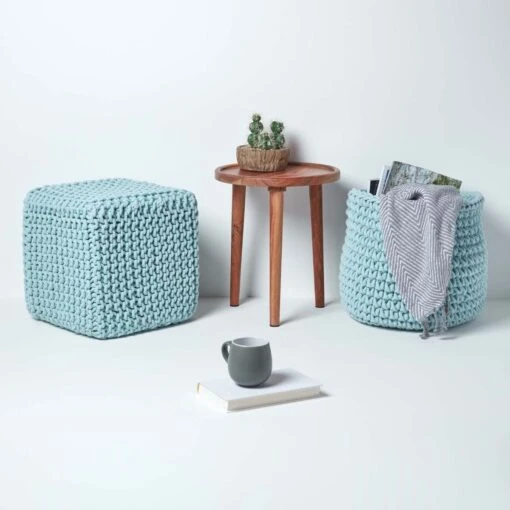 Duck Egg Blue Cube Cotton Knitted Pouffe Footstool -Best Homeware Store sf1609 06